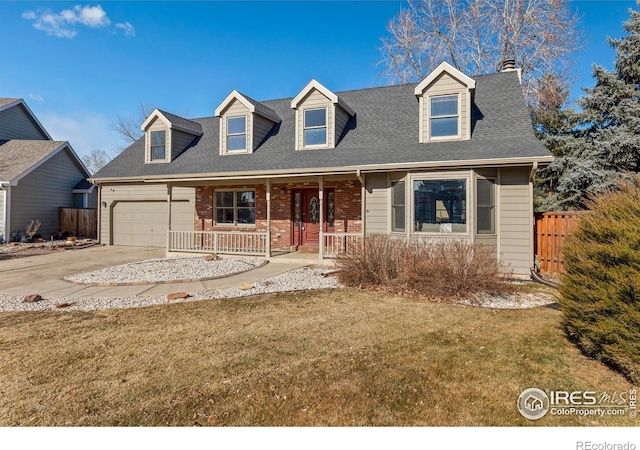 cape cod-style house with a garage, covered porch, and a front lawn