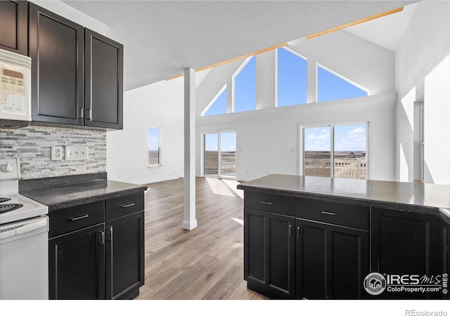 kitchen with white appliances, tasteful backsplash, high vaulted ceiling, and light hardwood / wood-style floors