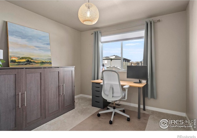 home office with light colored carpet