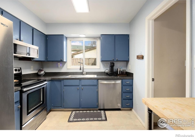 kitchen with sink, appliances with stainless steel finishes, and blue cabinets