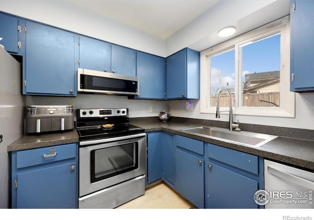 kitchen with sink, appliances with stainless steel finishes, and blue cabinets