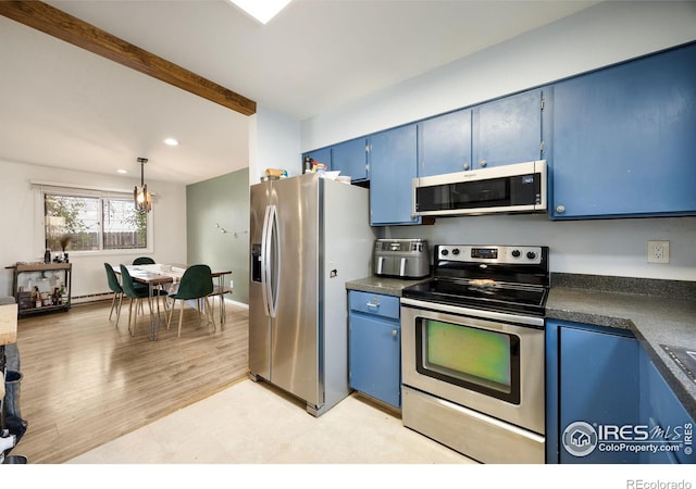 kitchen featuring appliances with stainless steel finishes, beamed ceiling, light hardwood / wood-style floors, hanging light fixtures, and blue cabinets