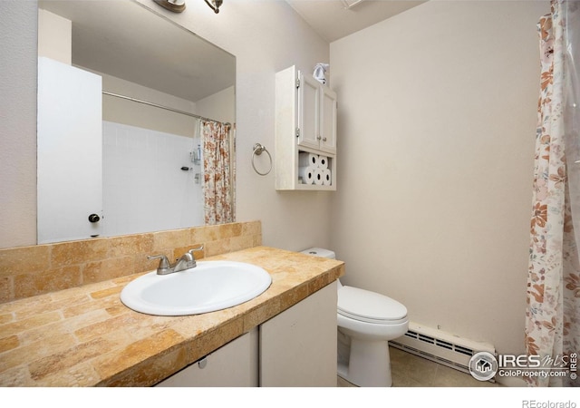 bathroom featuring tile patterned floors, a baseboard heating unit, sink, toilet, and walk in shower