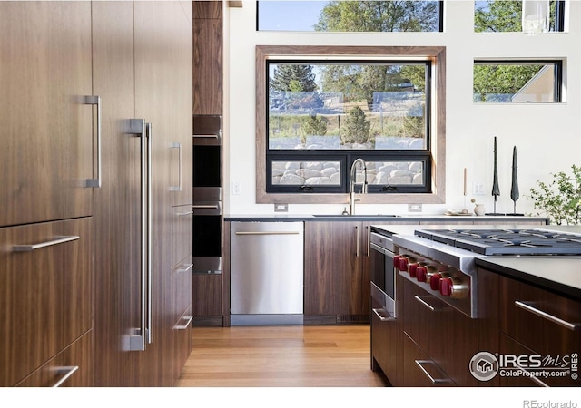 kitchen featuring sink, dark brown cabinets, light hardwood / wood-style flooring, and appliances with stainless steel finishes