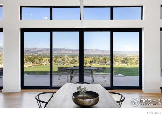 dining room with a mountain view, a wealth of natural light, and wood-type flooring