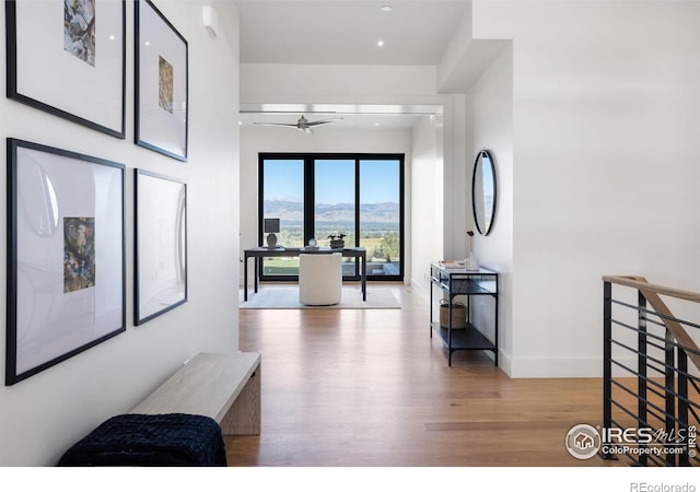 hall featuring a mountain view and light hardwood / wood-style floors