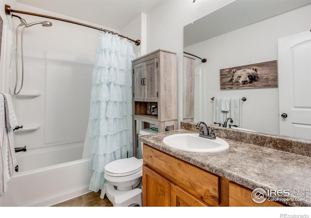 full bathroom featuring vanity, toilet, shower / tub combo, and tile patterned flooring