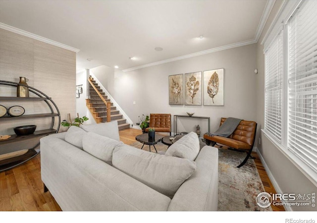 living room featuring light hardwood / wood-style flooring and crown molding