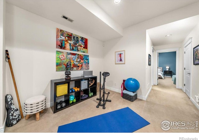 workout area featuring carpet floors