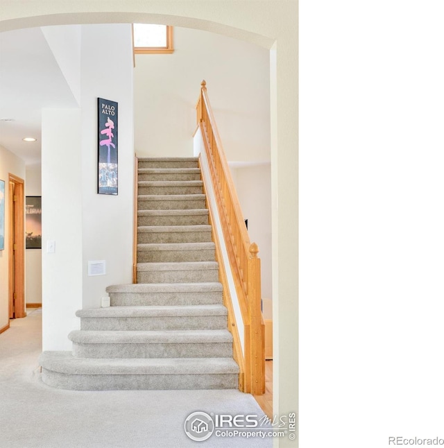 stairway featuring carpet flooring