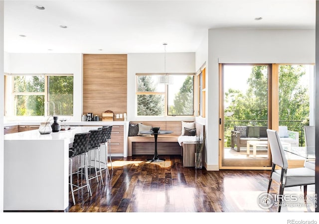 kitchen featuring decorative light fixtures, breakfast area, dark hardwood / wood-style floors, and a kitchen bar