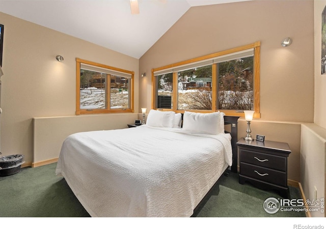 bedroom featuring vaulted ceiling, ceiling fan, and carpet