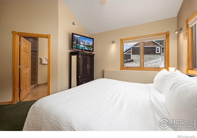 bedroom featuring vaulted ceiling