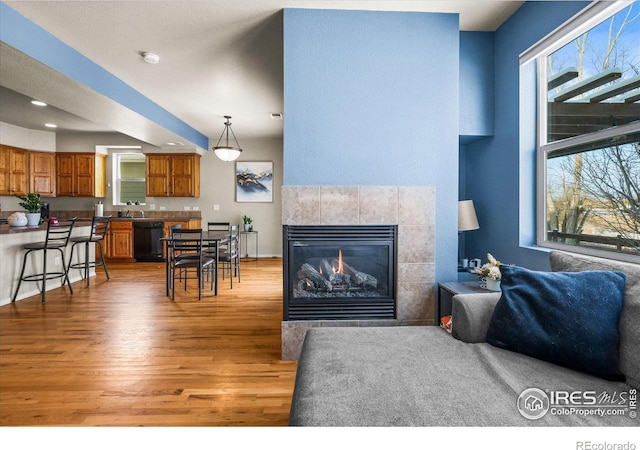 living room with hardwood / wood-style flooring, plenty of natural light, a tiled fireplace, and sink