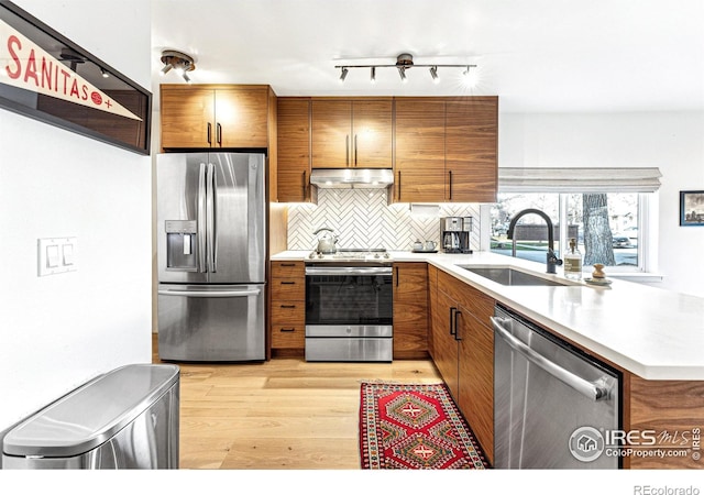 kitchen featuring appliances with stainless steel finishes, sink, decorative backsplash, kitchen peninsula, and light wood-type flooring