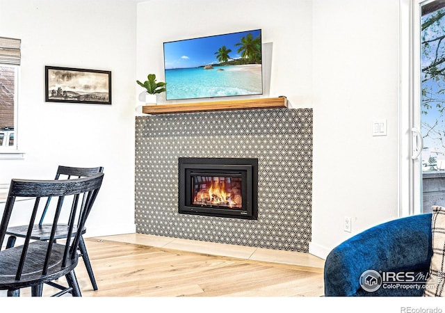 interior space featuring a tile fireplace and wood-type flooring