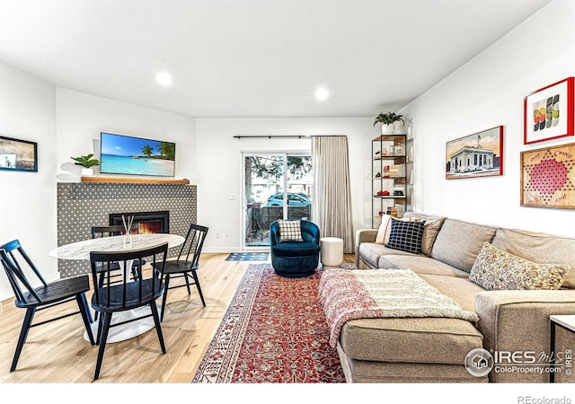 living room with light hardwood / wood-style flooring and a fireplace