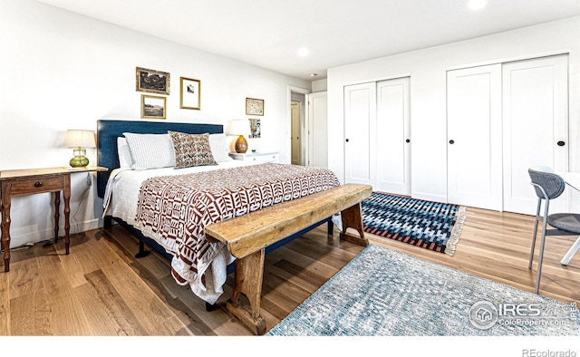 bedroom featuring hardwood / wood-style floors and two closets