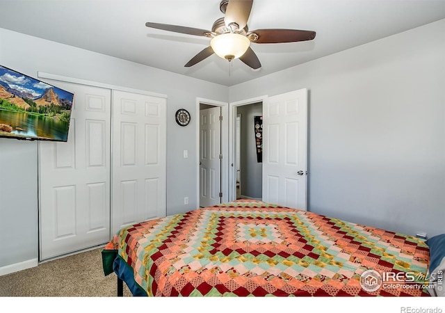 bedroom with carpet flooring, ceiling fan, and a closet