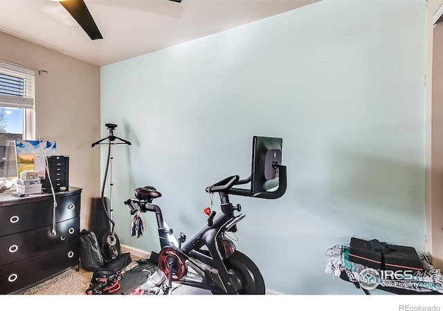 workout area featuring ceiling fan