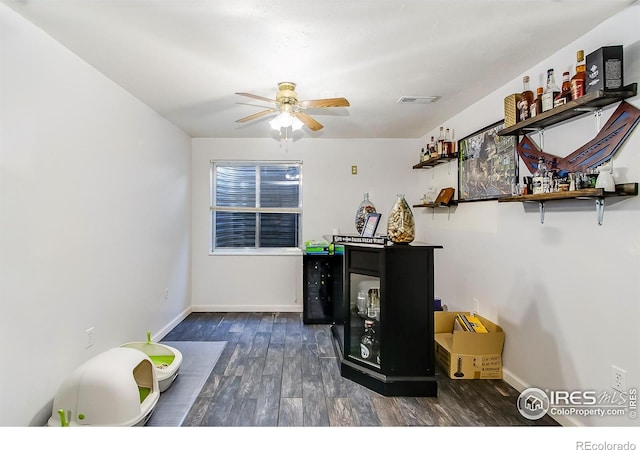 interior space featuring ceiling fan and dark hardwood / wood-style flooring