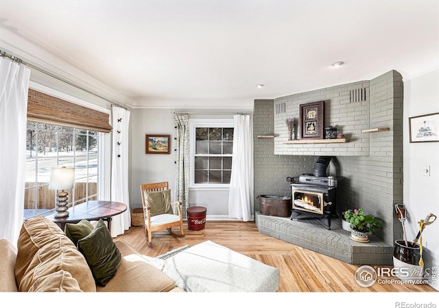 living room featuring parquet flooring and a wood stove