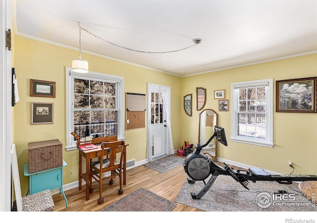 exercise room with wood-type flooring and ornamental molding