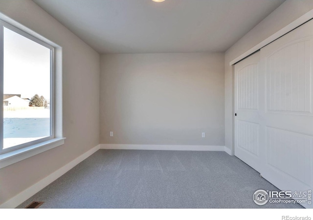 unfurnished bedroom featuring multiple windows, carpet flooring, and a closet