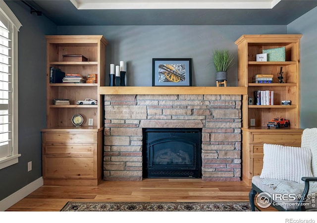 living room featuring hardwood / wood-style flooring and a stone fireplace