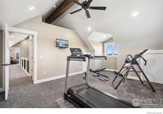 exercise area featuring ceiling fan, vaulted ceiling, and carpet