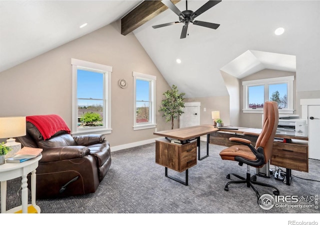 office space with ceiling fan, lofted ceiling with beams, and carpet