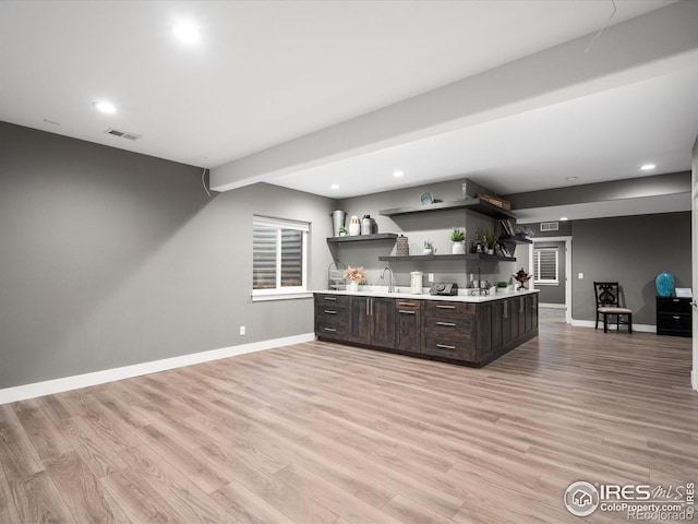 kitchen featuring light wood-type flooring, sink, and dark brown cabinetry