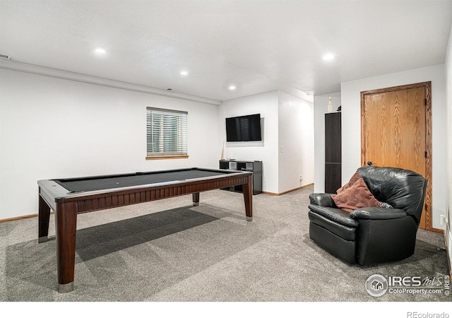 game room with billiards and carpet flooring