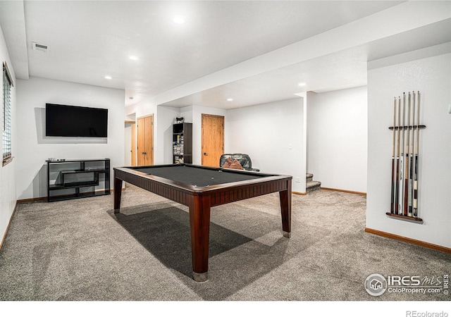 rec room with pool table and carpet flooring