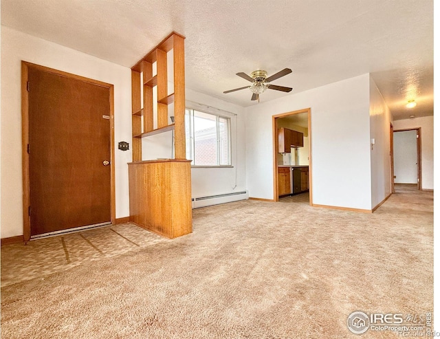 unfurnished living room with a textured ceiling, carpet floors, ceiling fan, and baseboard heating