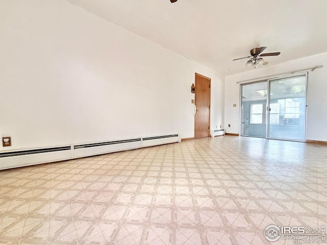 empty room featuring baseboard heating and ceiling fan