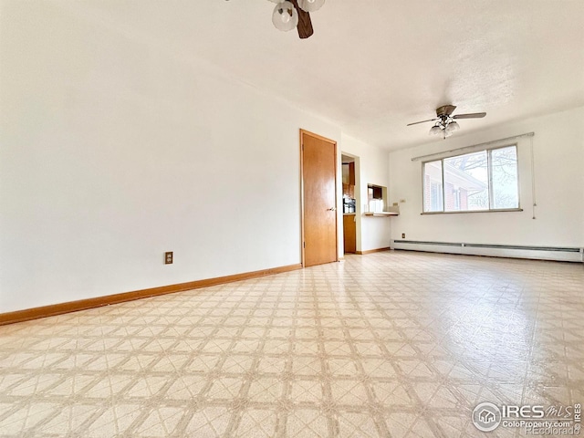 unfurnished living room with a baseboard radiator and ceiling fan