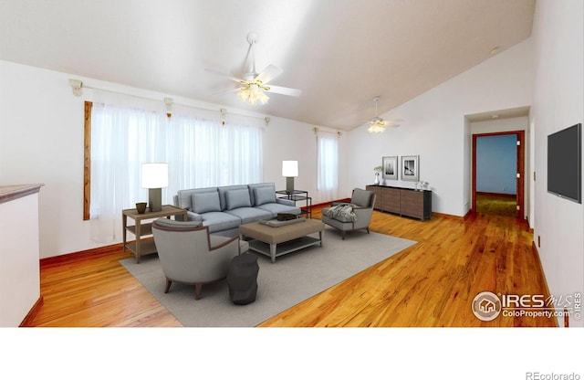 living room with hardwood / wood-style flooring, high vaulted ceiling, and ceiling fan