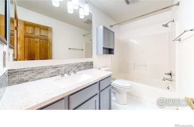 full bathroom with  shower combination, tile patterned flooring, a textured ceiling, decorative backsplash, and toilet