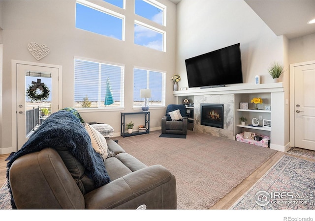 living room with a fireplace and light hardwood / wood-style floors