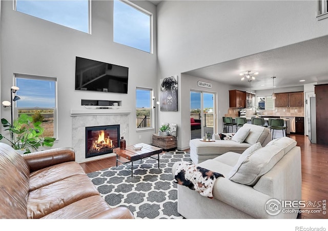 living room featuring a high end fireplace, a wealth of natural light, and wood-type flooring