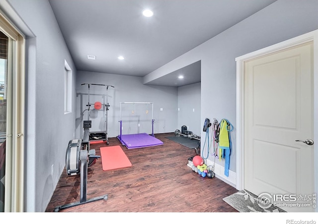 exercise area featuring dark hardwood / wood-style flooring