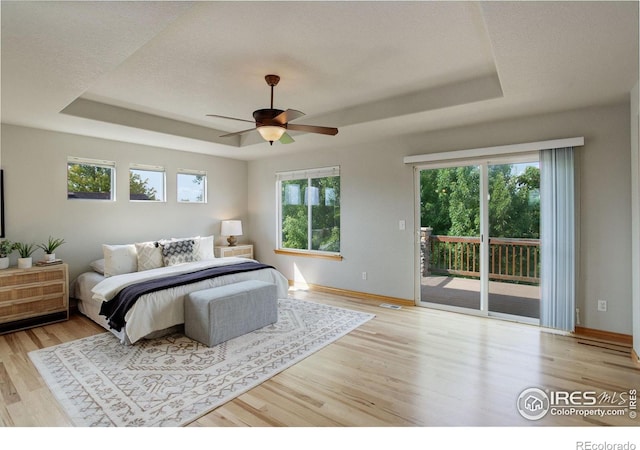 bedroom featuring multiple windows, a tray ceiling, access to outside, and ceiling fan