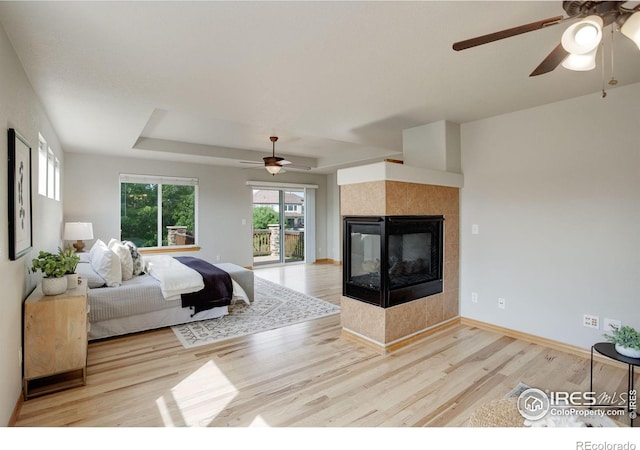 bedroom featuring a tray ceiling, a fireplace, light hardwood / wood-style floors, and ceiling fan