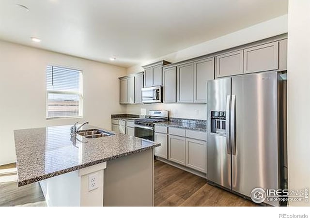 kitchen with stainless steel appliances, a kitchen island with sink, sink, and light stone counters