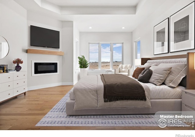 bedroom with a tray ceiling and light hardwood / wood-style flooring