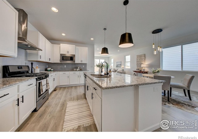 kitchen featuring pendant lighting, sink, a kitchen island with sink, stainless steel appliances, and wall chimney exhaust hood