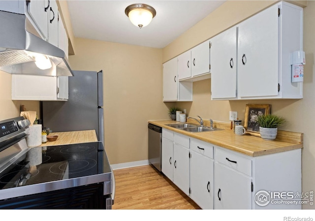 kitchen featuring white cabinetry, stainless steel appliances, light hardwood / wood-style floors, and sink