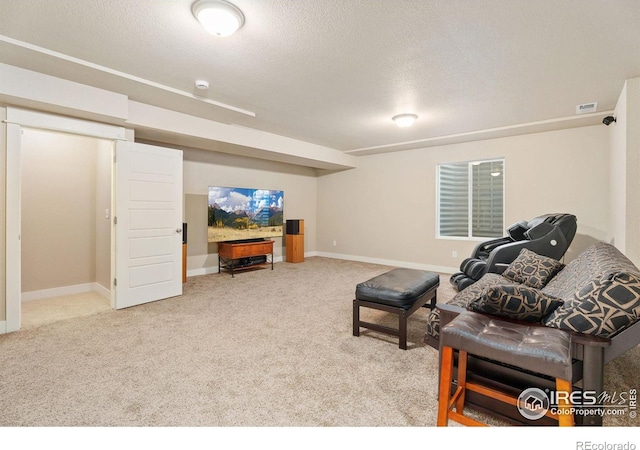 carpeted living room with a textured ceiling