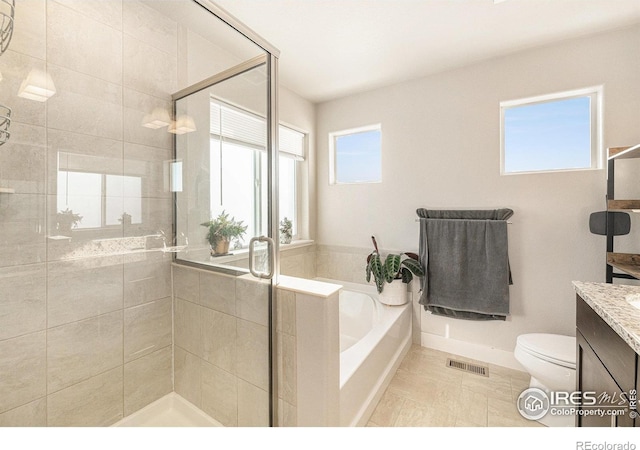 full bathroom with vanity, plenty of natural light, toilet, and plus walk in shower